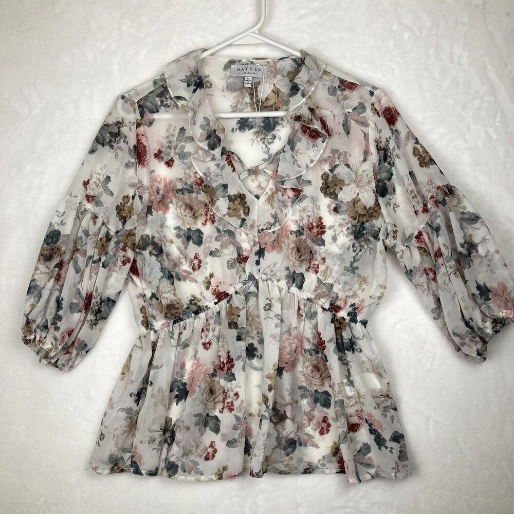 Hayden Los Angeles Top Size Medium Chiffon Floral Blouse Ruffle Detail Peplum